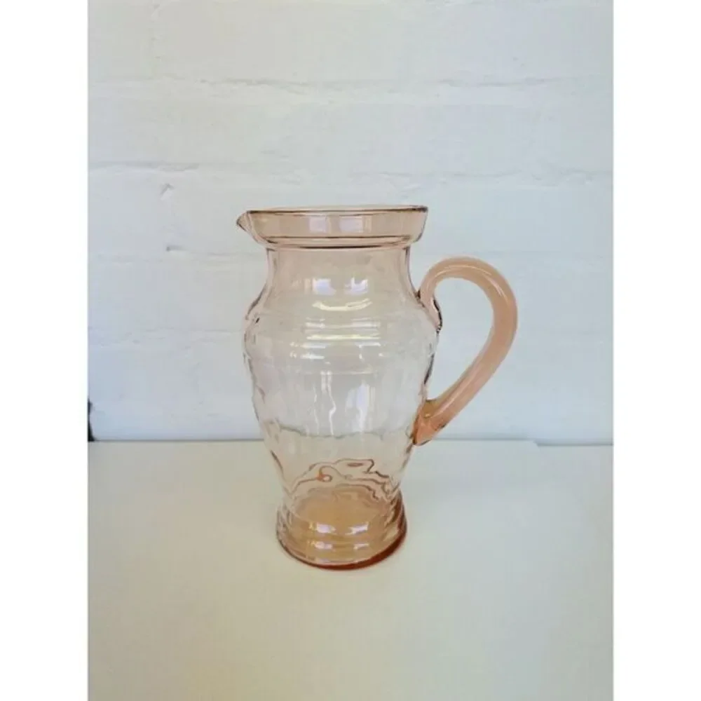 Depression Glass Pitcher Peachy Pink‎ Clear w/ Pattern Dot & Applied Handle VTG